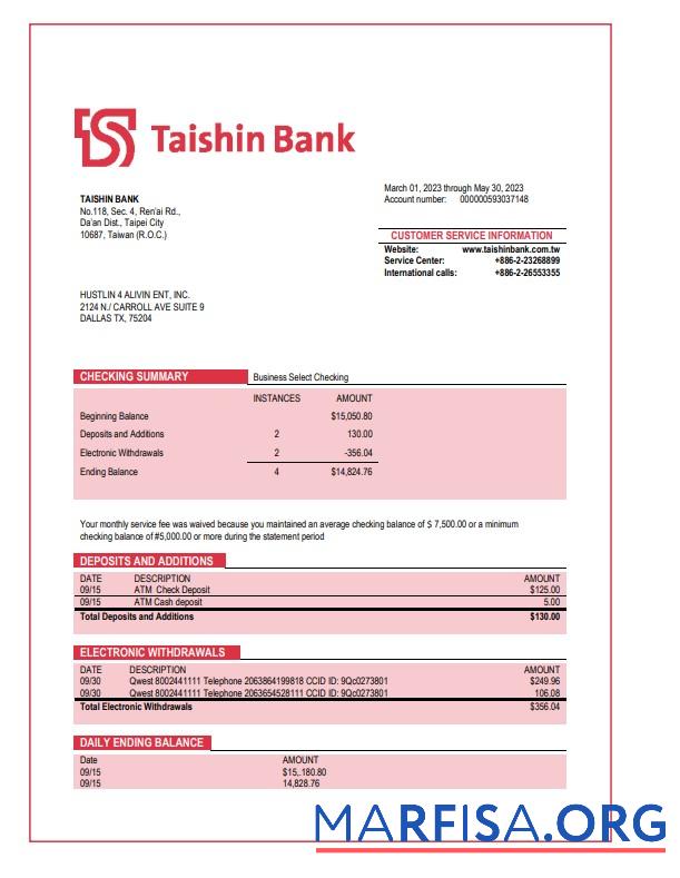 Realistic Taishin Bank enterprise statement Word and PDF template
